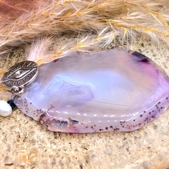 Nature Purple Agate Slice With Evil Eye Charm Pendant Necklace - Picture 5 of 11